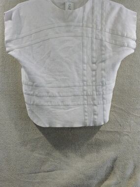 White Textured Short Sleeve Top with Paneled Trim